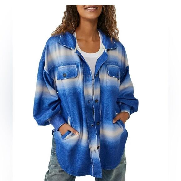 Free People Printed Ruby Shirt Jacket Women's Sz Large NWT  Deep Sea Blue Combo - Picture 2 of 4